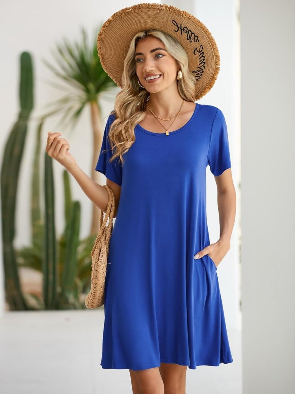 Women's Navy Blue Casual Loose Swing Tunic Short Sleeve Sun Mini Shirt Dress - Picture 3 of 6